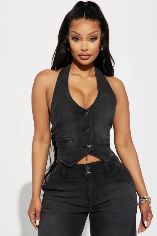 No Competition Denim Halter Top - Black Wash sold by Fashion Nova