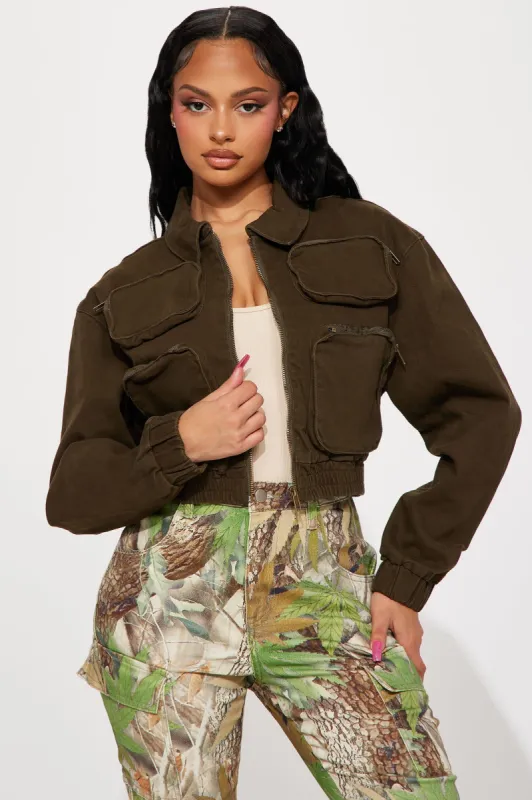 Playoffs Cargo Jacket - Olive sold by Fashion Nova
