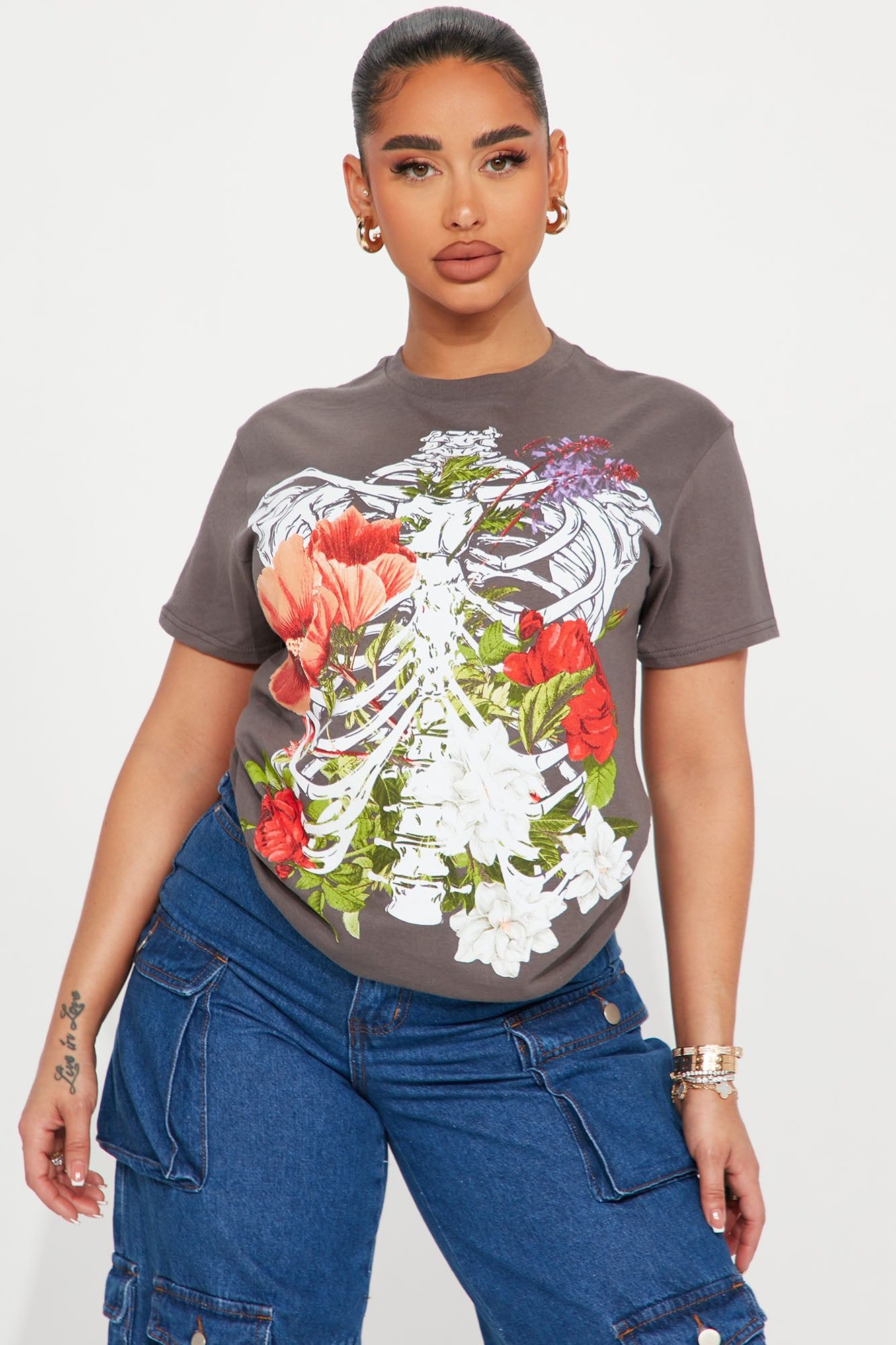 Skeletons In The Garden Graphic Tee - Charcoal sold by Fashion Nova