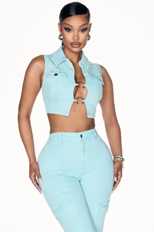 Step To It Stretch Cropped Denim Vest - Blue sold by Fashion Nova