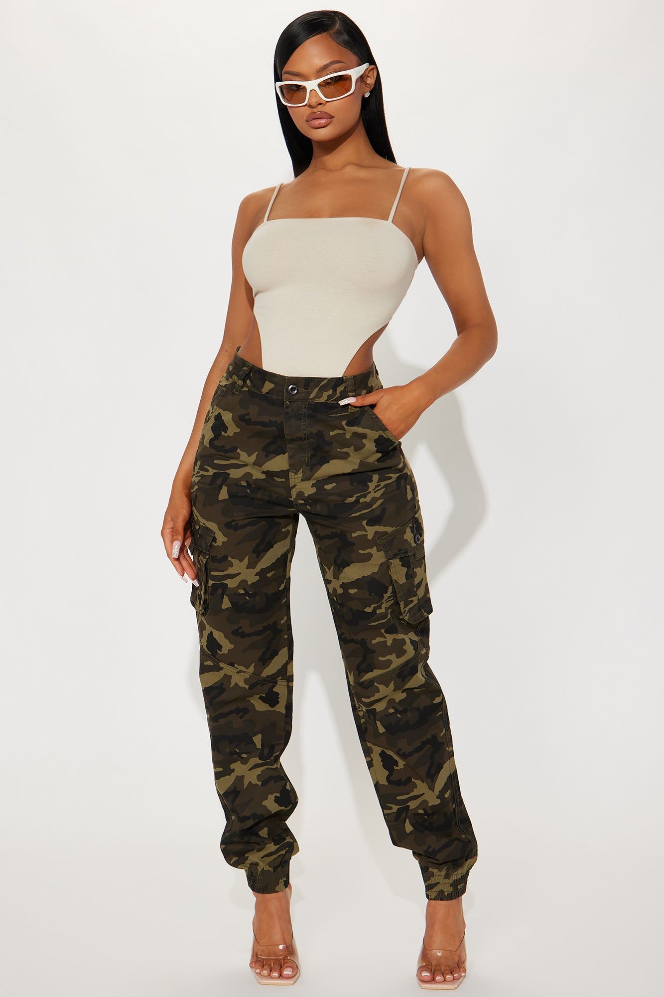 Can't Handle Me Camo Cargo Jogger - Olive/combo sold by Fashion Nova