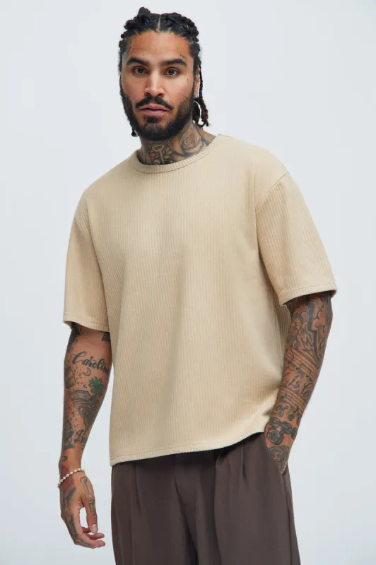 Franklin Stripe Knit Relaxed Short Sleeve Tee - Tan sold by Fashion Nova