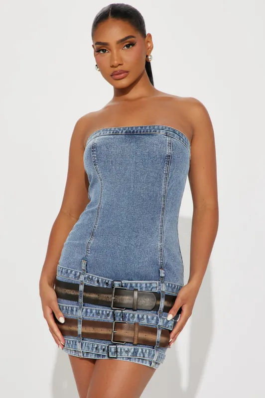 Dallas Belted Denim Mini Dress - Denim sold by Fashion Nova