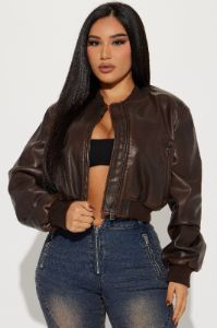 Zoe Washed Faux Leather Bomber Jacket - Brown | Parallel