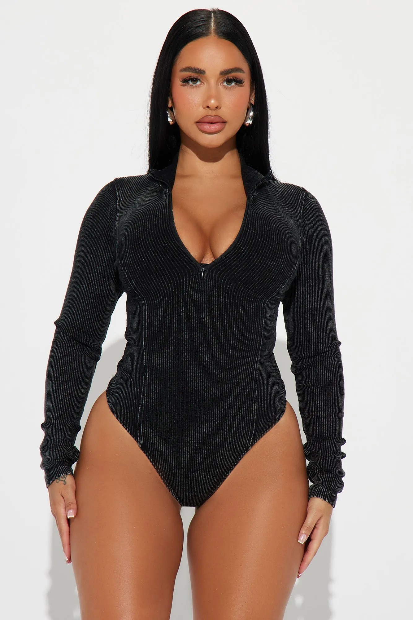 Came Out To Play Ribbed Bodysuit - Black Wash sold by Fashion Nova