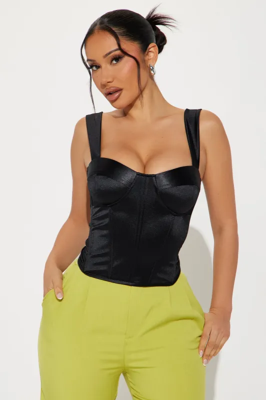 Madly In Love Satin Corset Top - Black sold by Fashion Nova