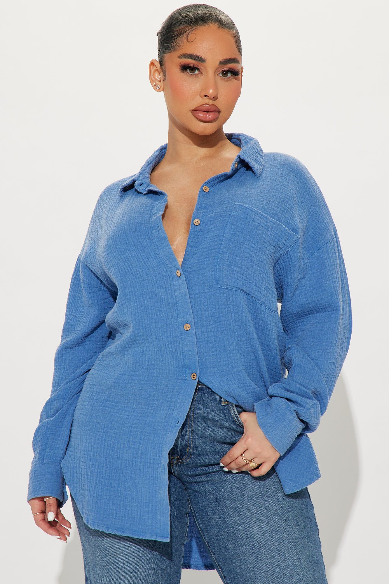 We The Walk Washed Shirt - Blue sold by Fashion Nova