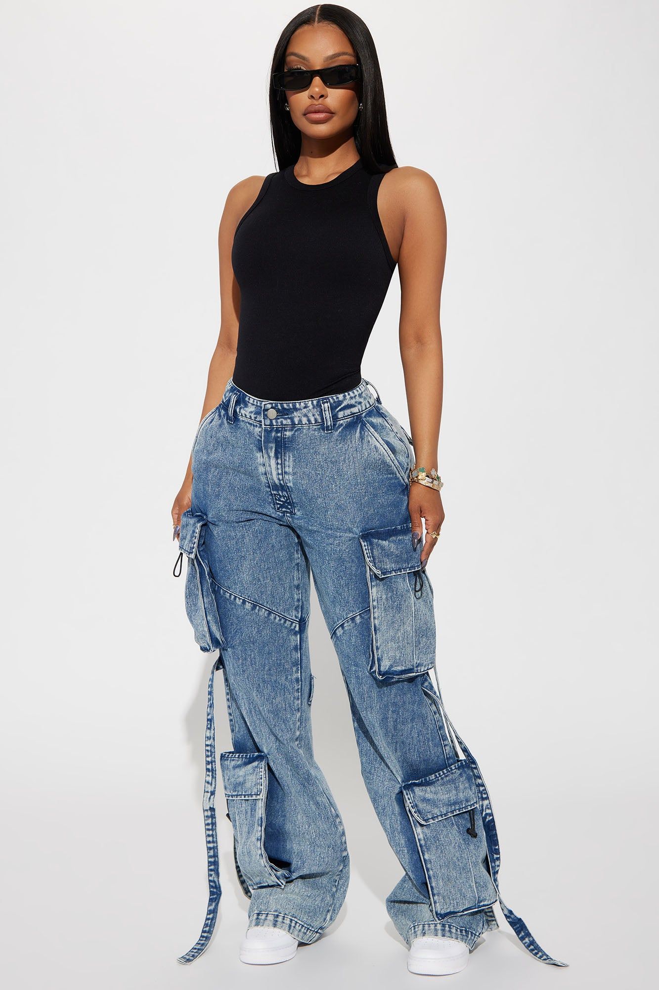 Strap It Down Cargo Jeans - Acid Wash Blue sold by Fashion Nova