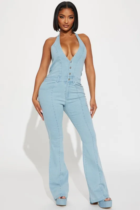 Joy All Around Denim Jumpsuit - Light Blue sold by Fashion Nova