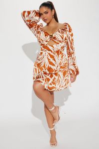 Raelyn Satin Mini Dress - Rust/combo sold by Fashion Nova