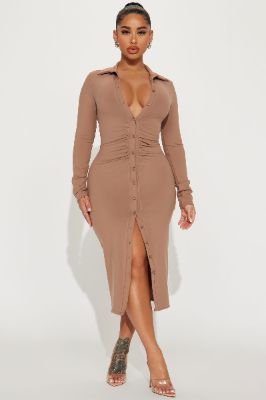 Annabelle Midi Shirt Dress - Mocha sold by Fashion Nova