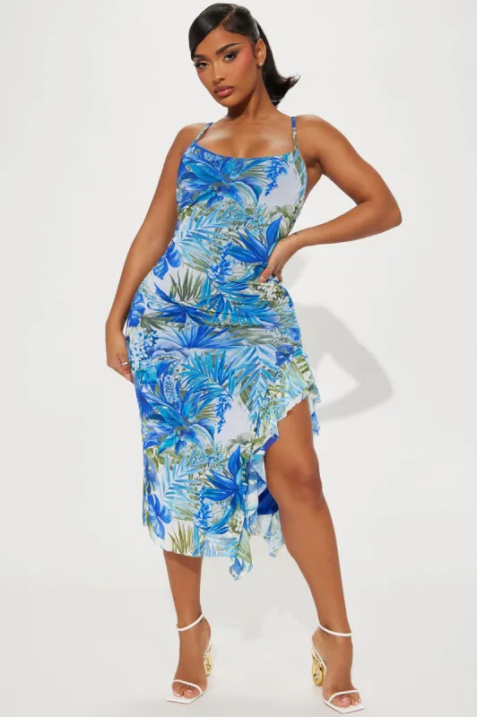 Sienna Ruffle Mesh Midi Dress - Blue/combo sold by Fashion Nova