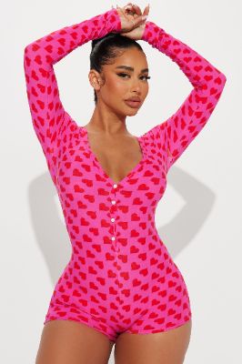 You Have My Heart Long Sleeve PJ Romper Onesie - Hot Pink/combo sold by Fashion Nova