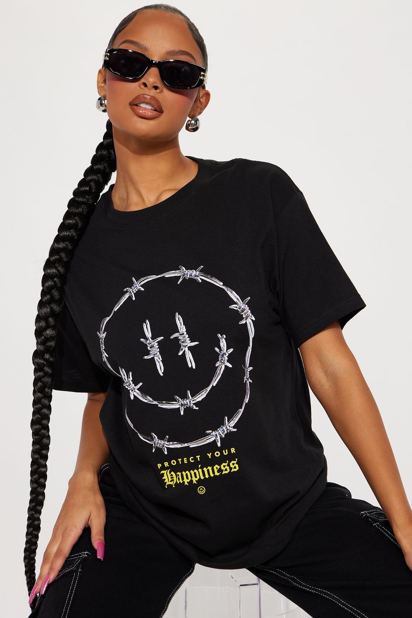 Protect Your Happiness Smiley Tshirt - Black sold by Fashion Nova
