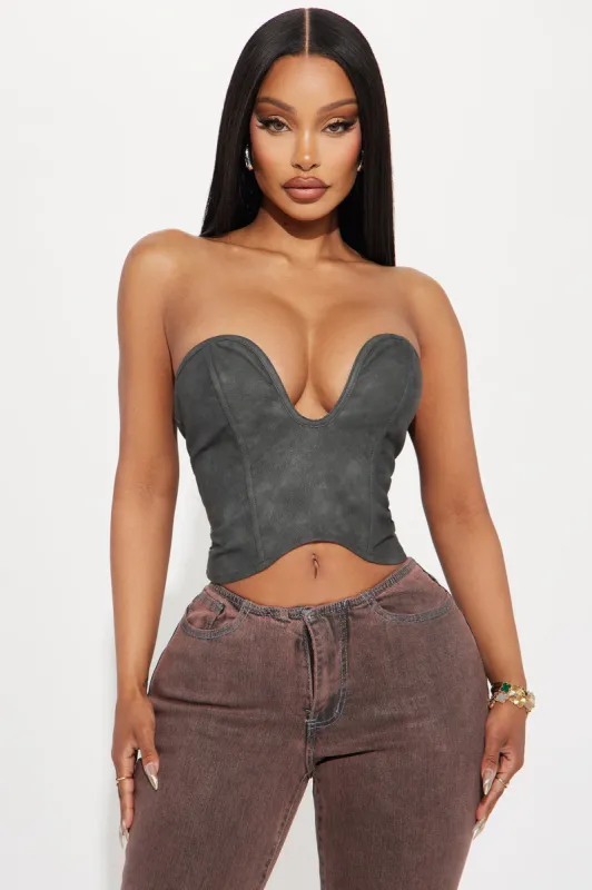 Rough Rider Washed Faux Leather Corset Top - Charcoal sold by Fashion Nova