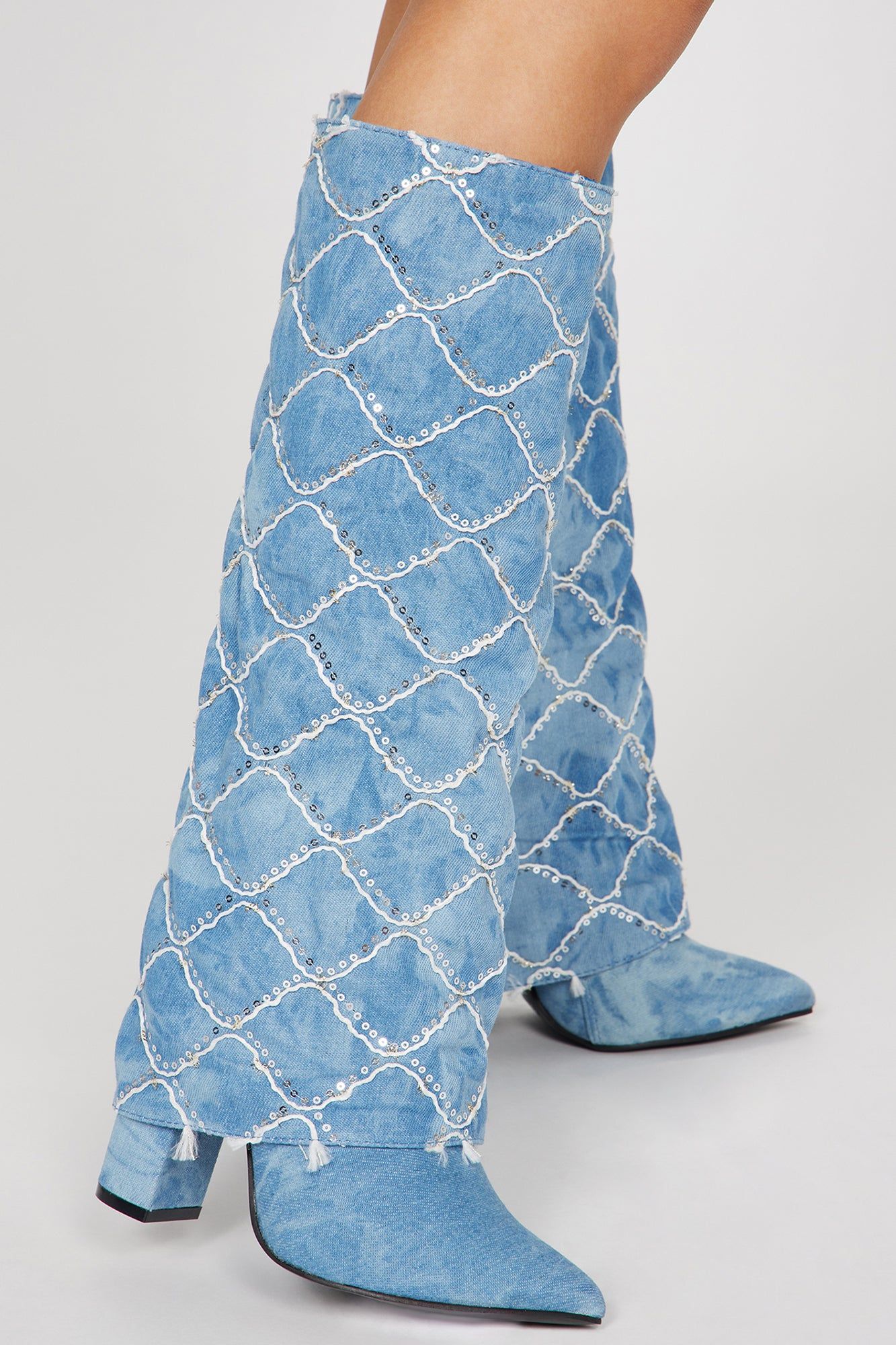 Big Confessions Knee High Heeled Boots - Denim sold by Fashion Nova product image thumbnail 3