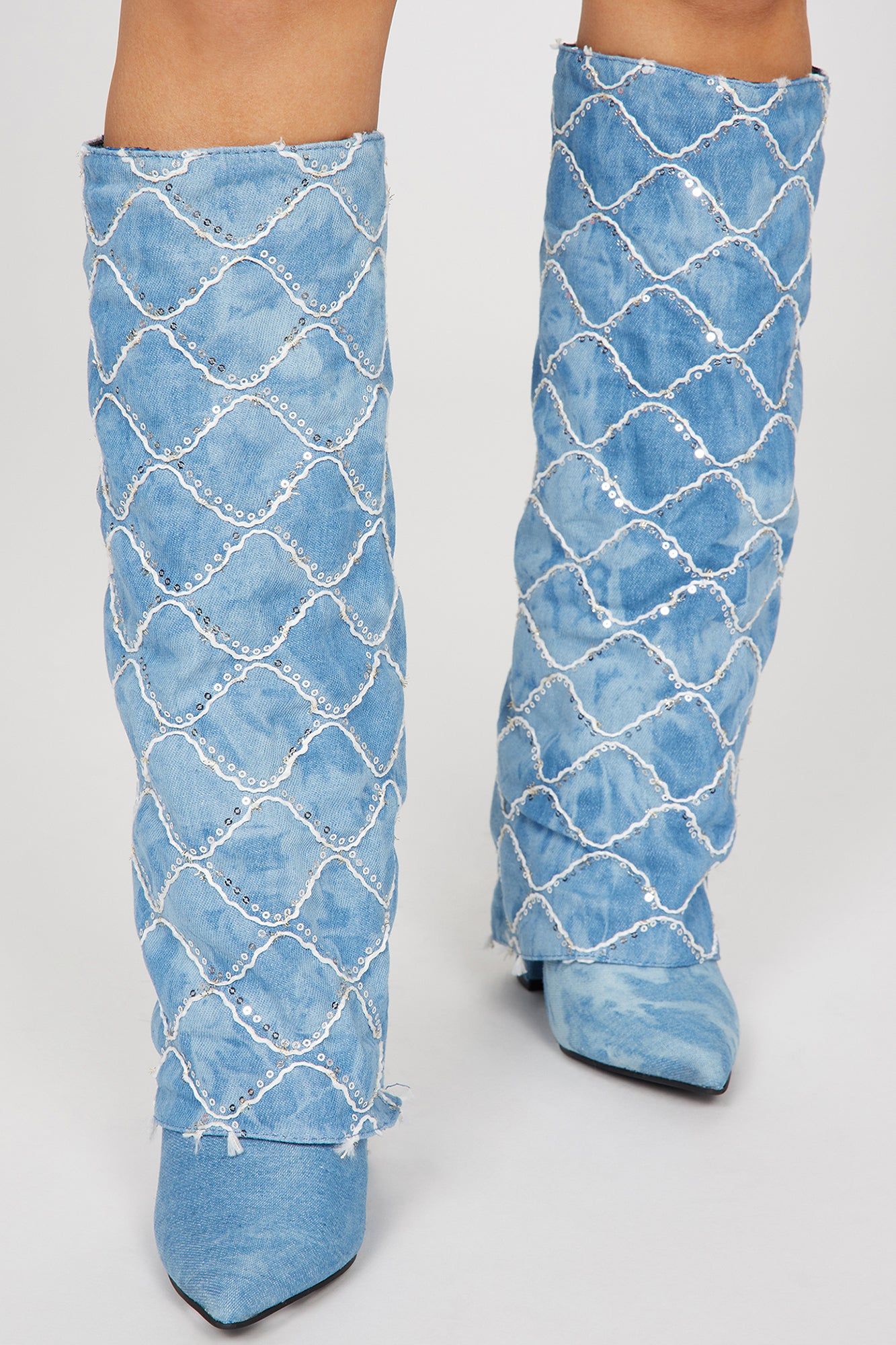 Big Confessions Knee High Heeled Boots - Denim sold by Fashion Nova product image thumbnail 2