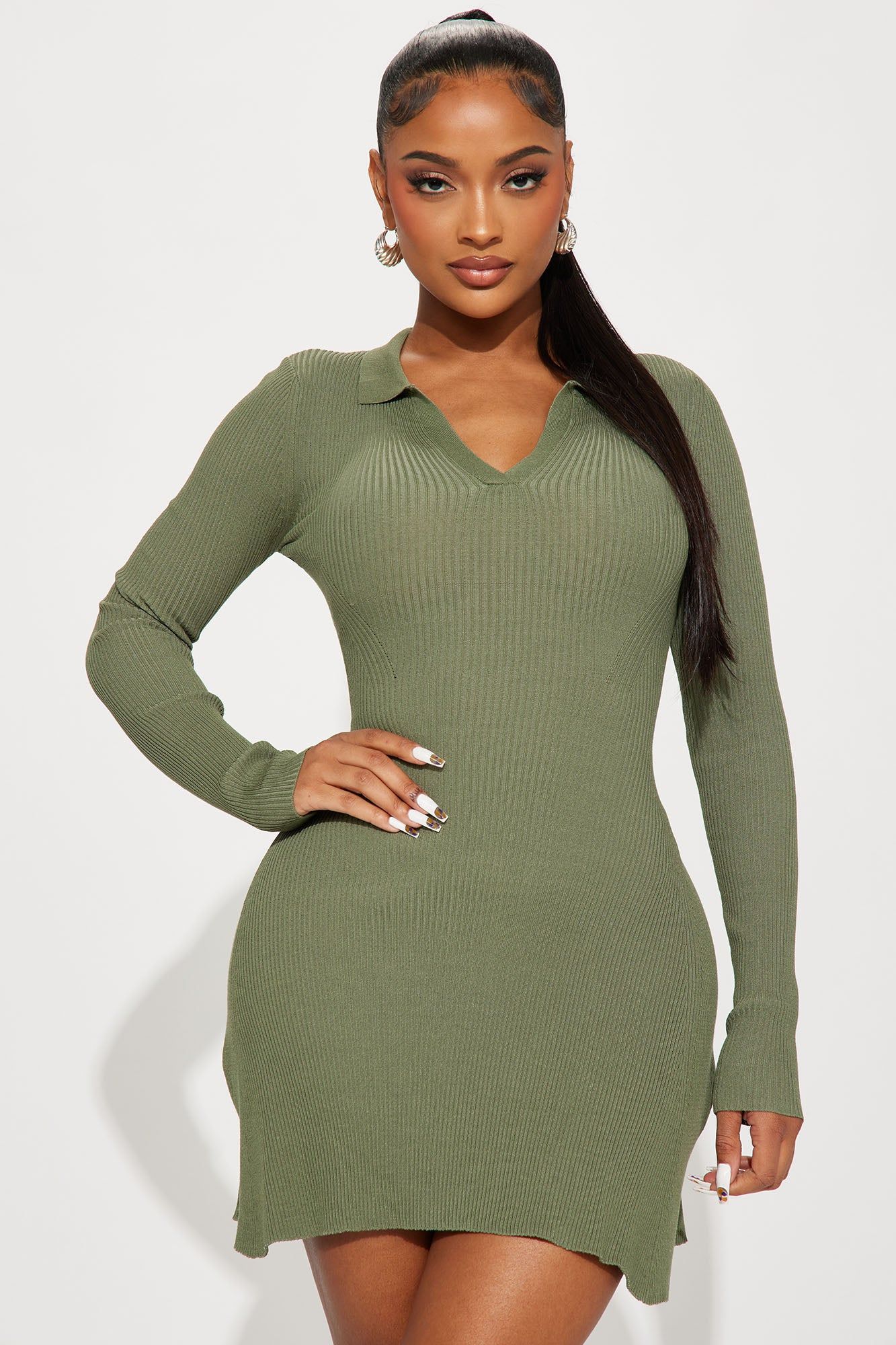Sara A-Line Sweater Mini Dress - Olive sold by Fashion Nova