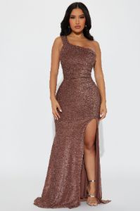 Stella One Shoulder Lurex Maxi Dress - Bronze sold by Fashion Nova