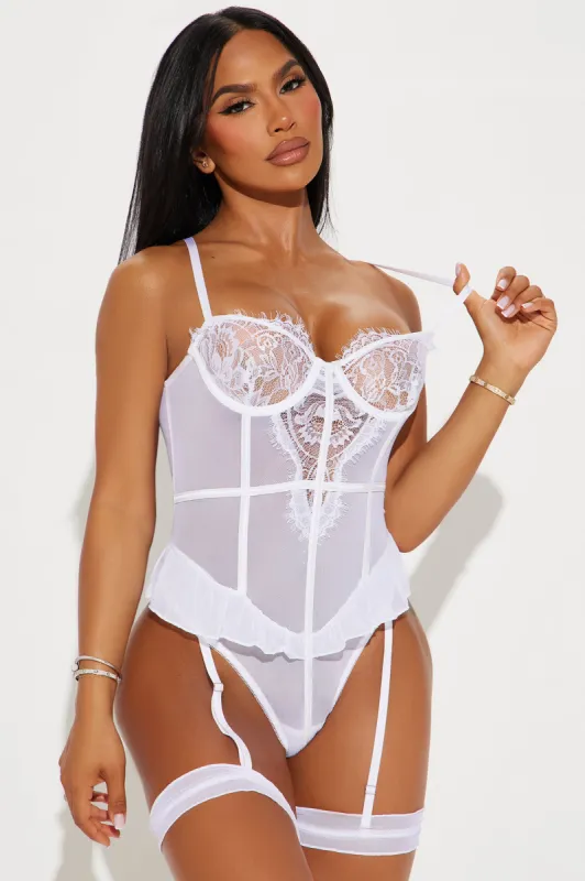 Yolanda Lace Garter Ruffle Bodysuit Teddy - White sold by Fashion Nova