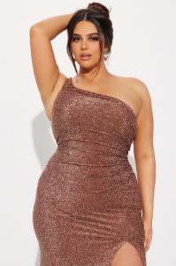 Stella One Shoulder Lurex Maxi Dress - Bronze sold by Fashion Nova