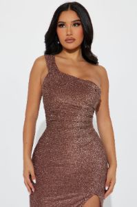 Stella One Shoulder Lurex Maxi Dress - Bronze sold by Fashion Nova