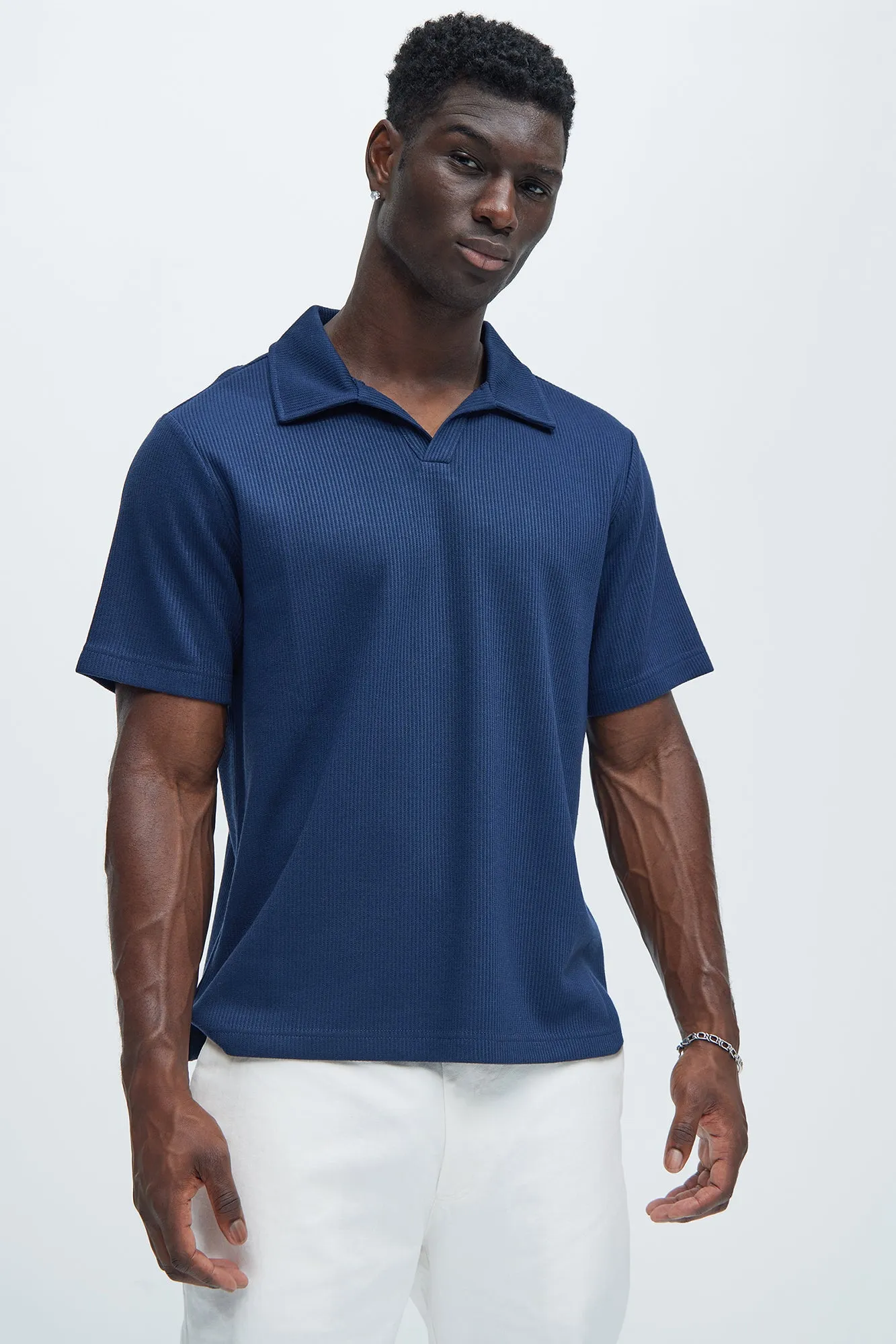 Kalel Textured Short Sleeve Polo - Navy sold by Fashion Nova