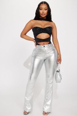 Behind The Flash Metallic Flare Pant - Silver sold by Fashion Nova