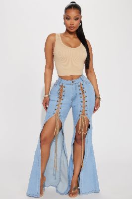 Invested Stretch Lace Up Flare Jeans - Light Wash sold by Fashion Nova