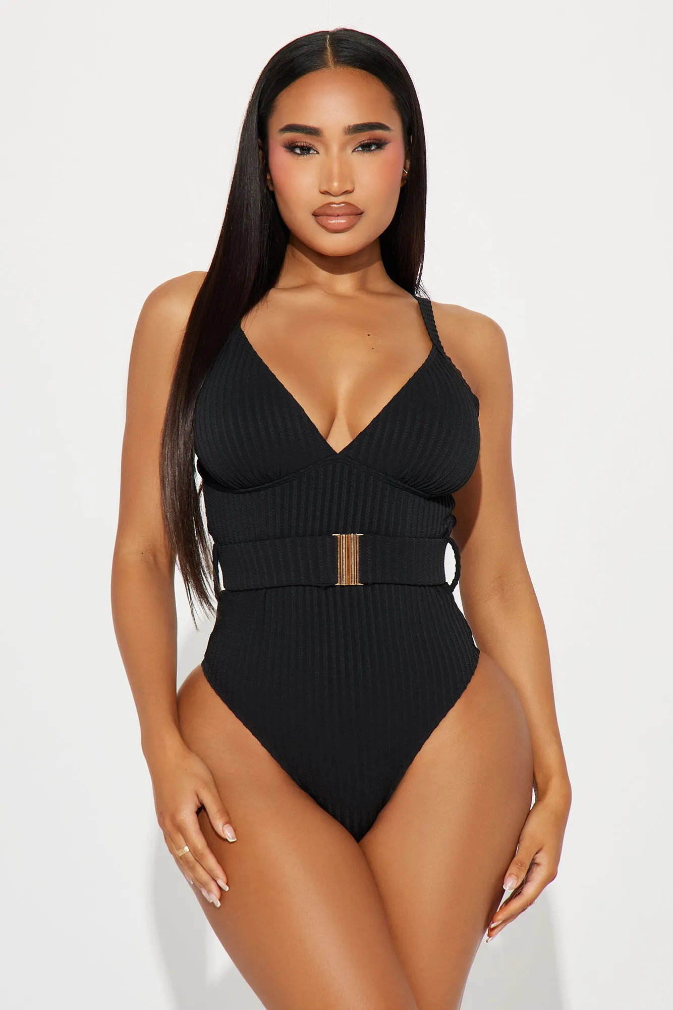 Bela Ribbed Belted 1 Piece Swimsuit - Black sold by Fashion Nova