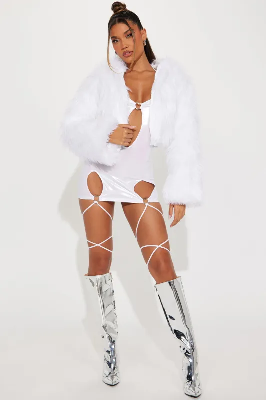 Rave Girl Era Faux Fur Light Up Dance Cropped Jacket - White sold by Fashion Nova