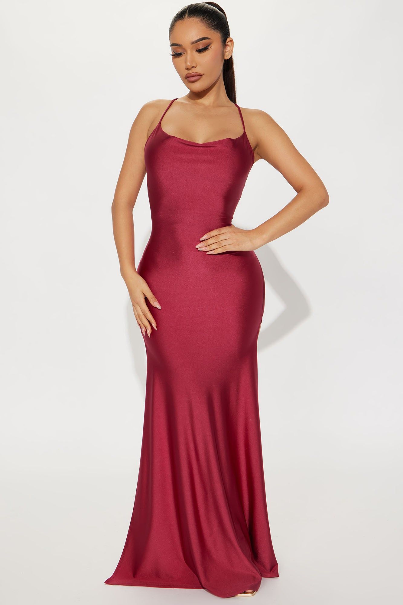 Liana Satin Maxi Dress - Wine sold by Fashion Nova