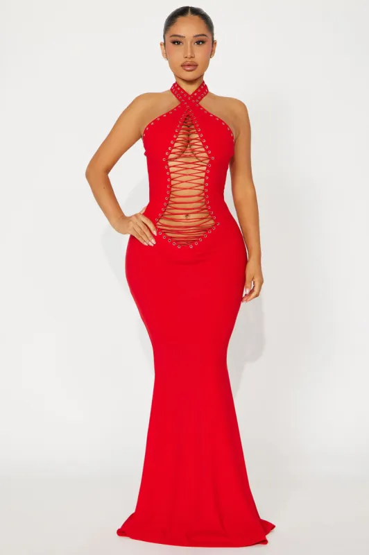 Too Hot Lace Up Maxi Dress - Red sold by Fashion Nova