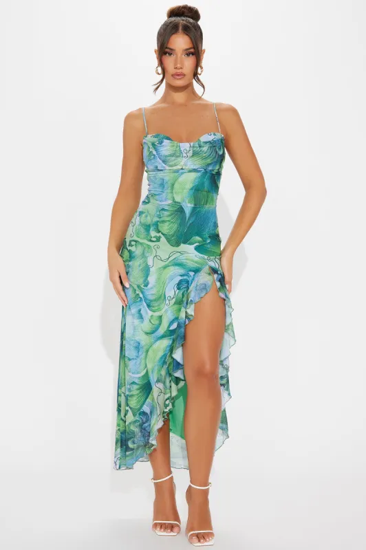 Maria Mesh Ruffle Maxi Dress - Green/combo sold by Fashion Nova