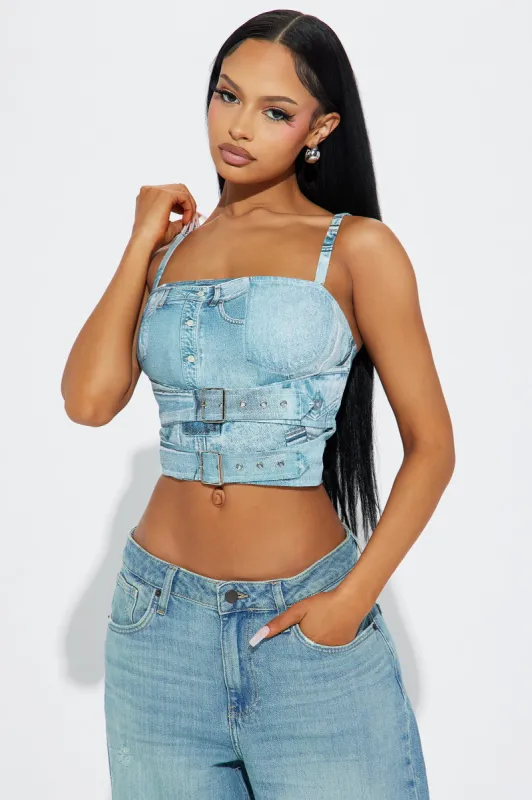 Venice Blvd Denim Print Top - Blue/combo sold by Fashion Nova