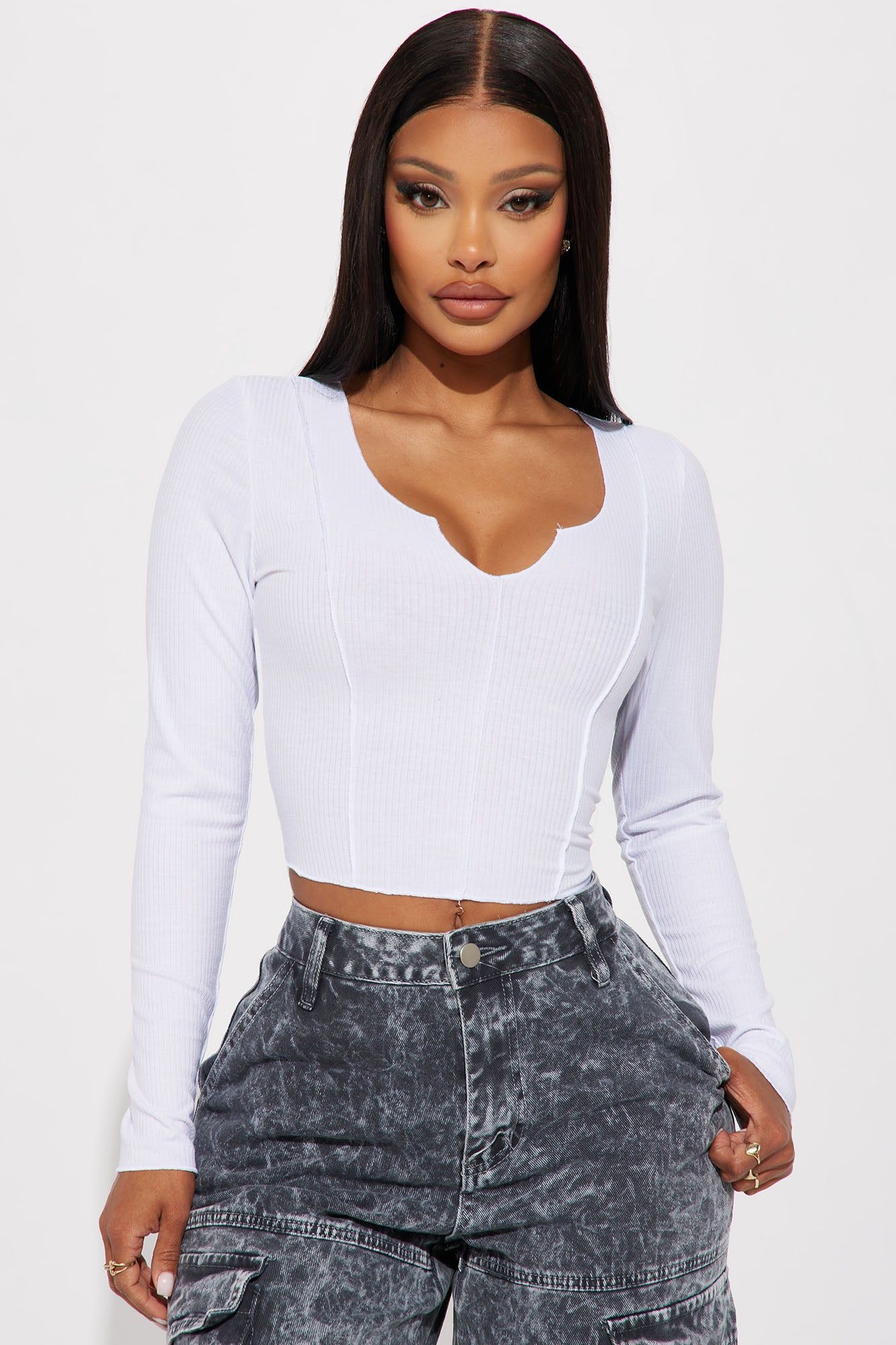 Little Things Long Sleeve Crop Top - White sold by Fashion Nova