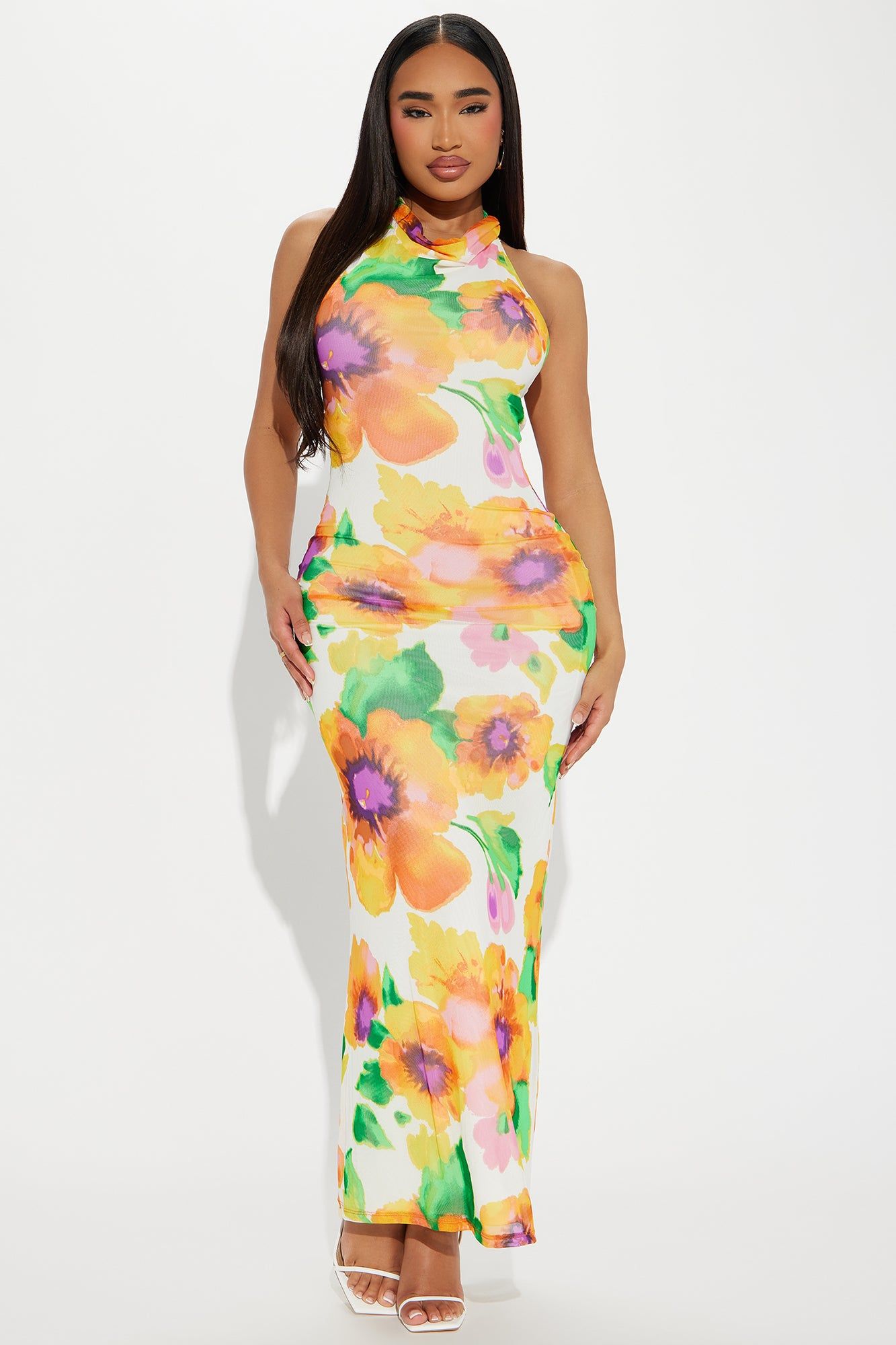 Whimsical Floral Charm Maxi Dress - Orange/combo sold by Fashion Nova