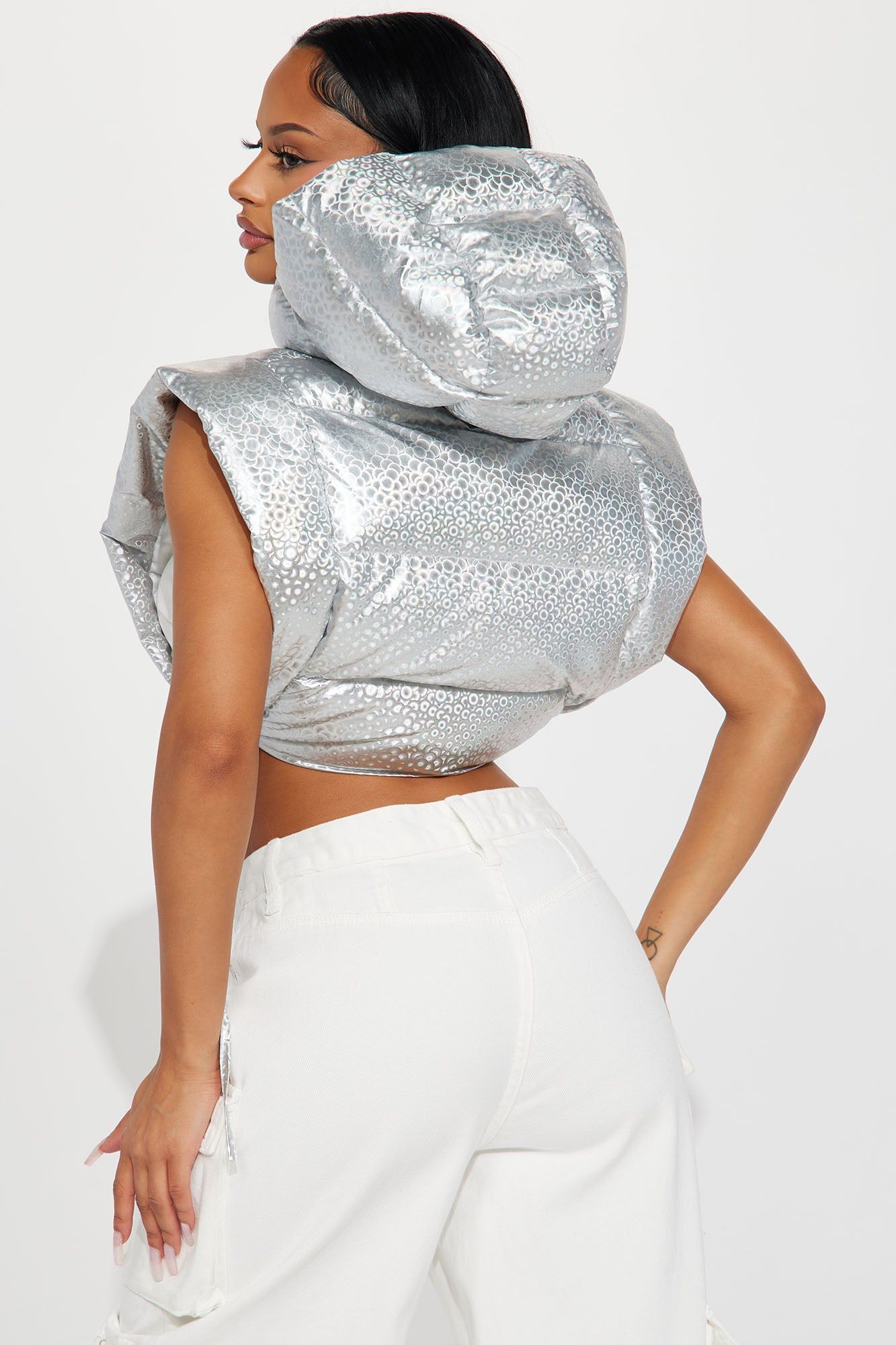 Lets Go Party Cropped Puffer Vest - Silver sold by Fashion Nova product image thumbnail 4