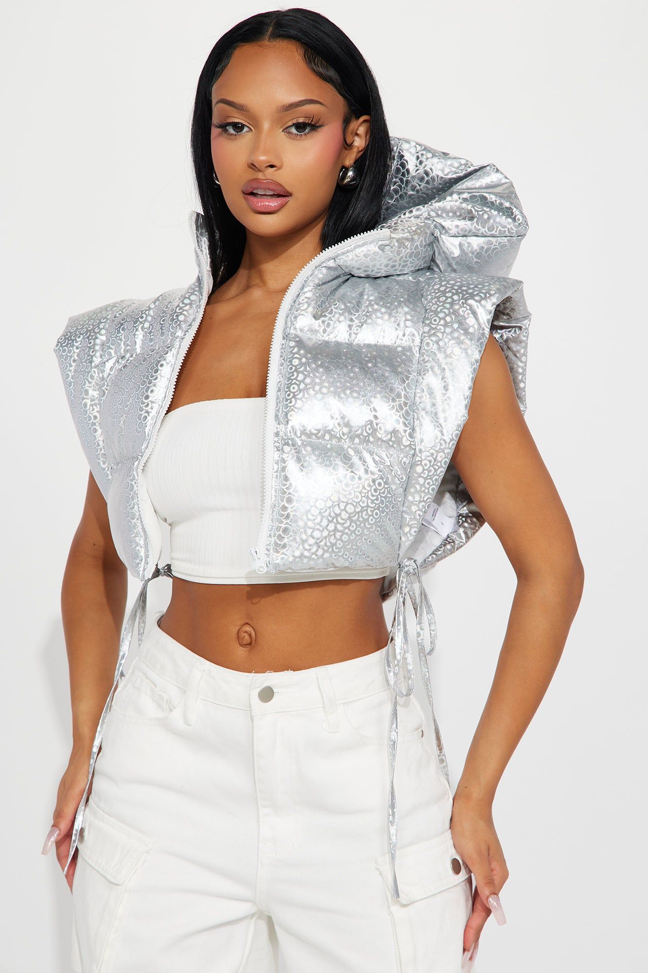 Lets Go Party Cropped Puffer Vest - Silver sold by Fashion Nova