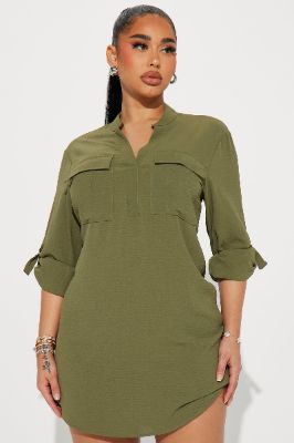 Jennifer Mini Shirt Dress - Olive sold by Fashion Nova