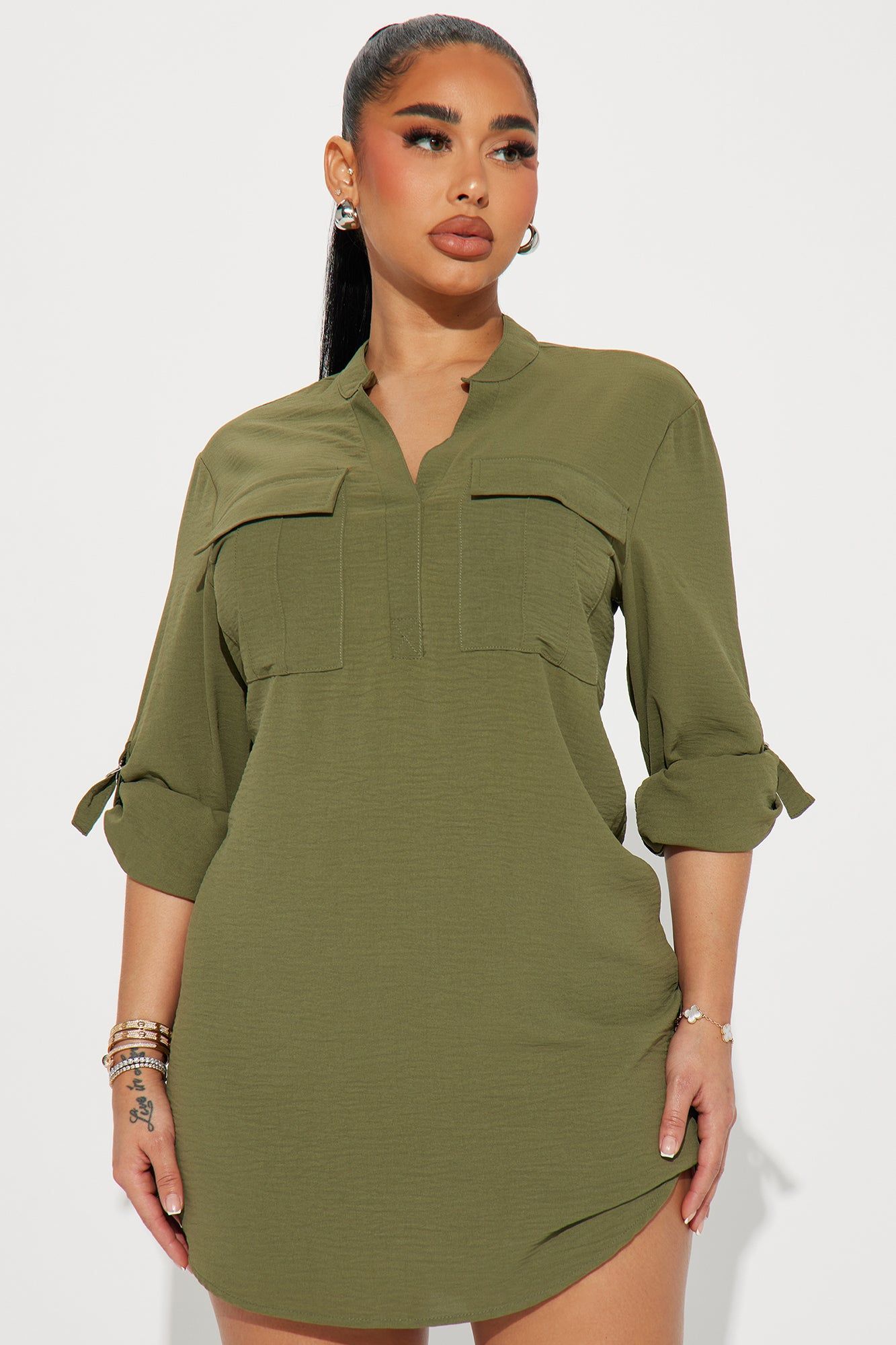 Jennifer Mini Shirt Dress - Olive sold by Fashion Nova