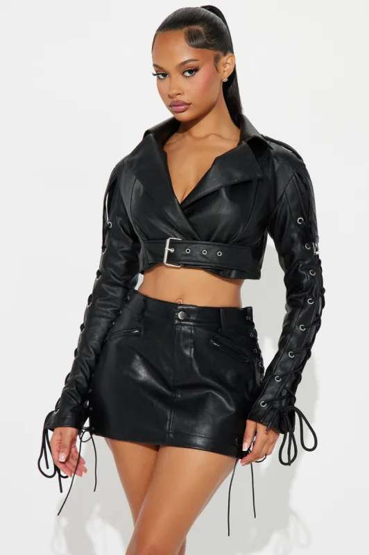 Makena Lace Up Faux Leather Jacket - Black sold by Fashion Nova