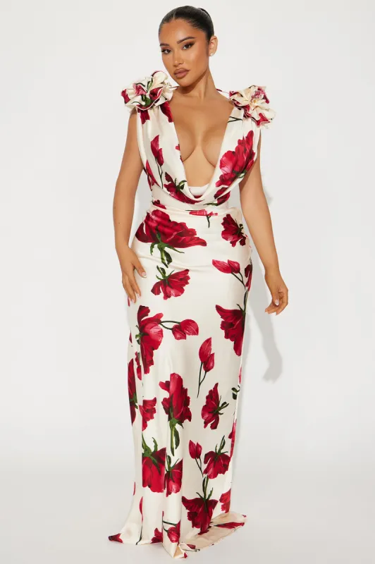 Positano Cowl Neck Floral Satin Maxi Dress - Ivory/combo sold by Fashion Nova
