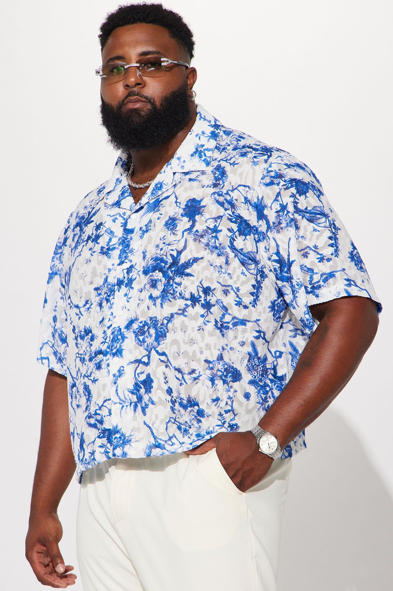 Kyoto Textured Cropped Button Up Shirt - Blue/combo sold by Fashion Nova