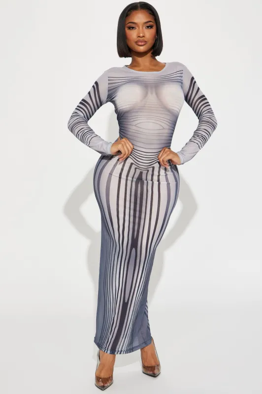 Masterpiece Mesh Maxi Dress - Grey/combo sold by Fashion Nova
