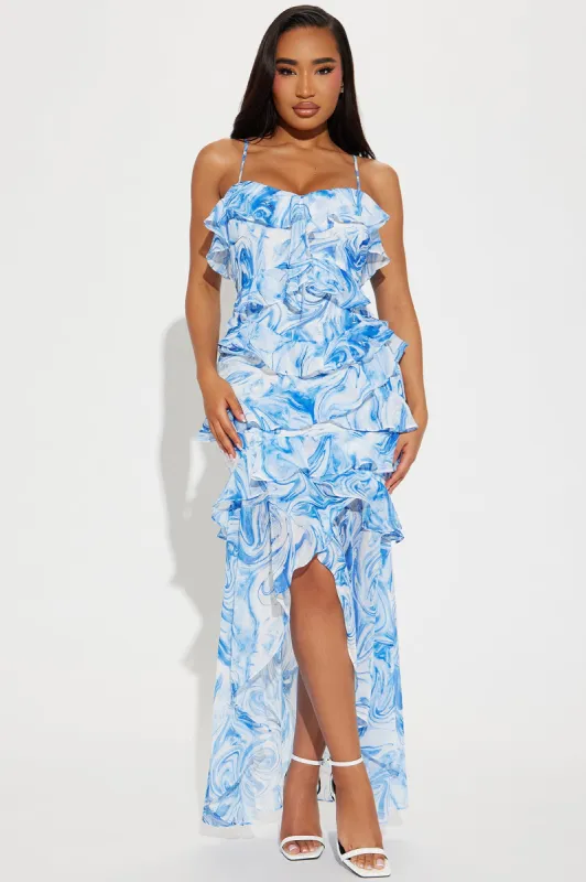 Elisa Ruffle Chiffon Maxi Dress - Blue/combo sold by Fashion Nova