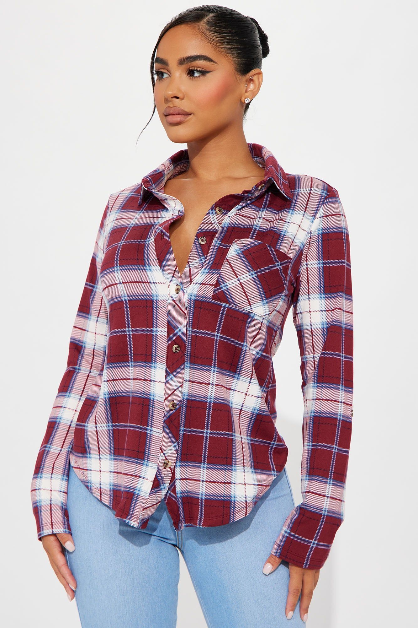 Journee Plaid Shirt - Burgundy/combo sold by Fashion Nova