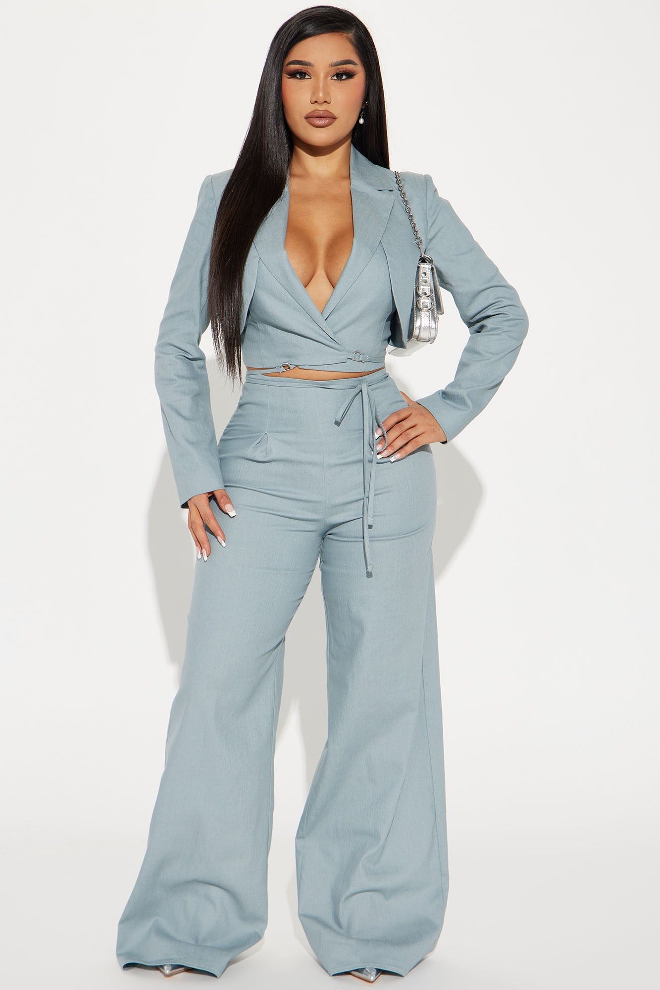 Business Calls Blazer Pant Set - Light Blue sold by Fashion Nova