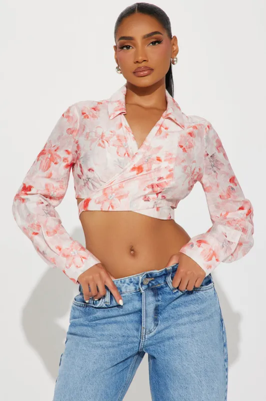 In Love Floral Linen Blouse Top - Pink/combo sold by Fashion Nova