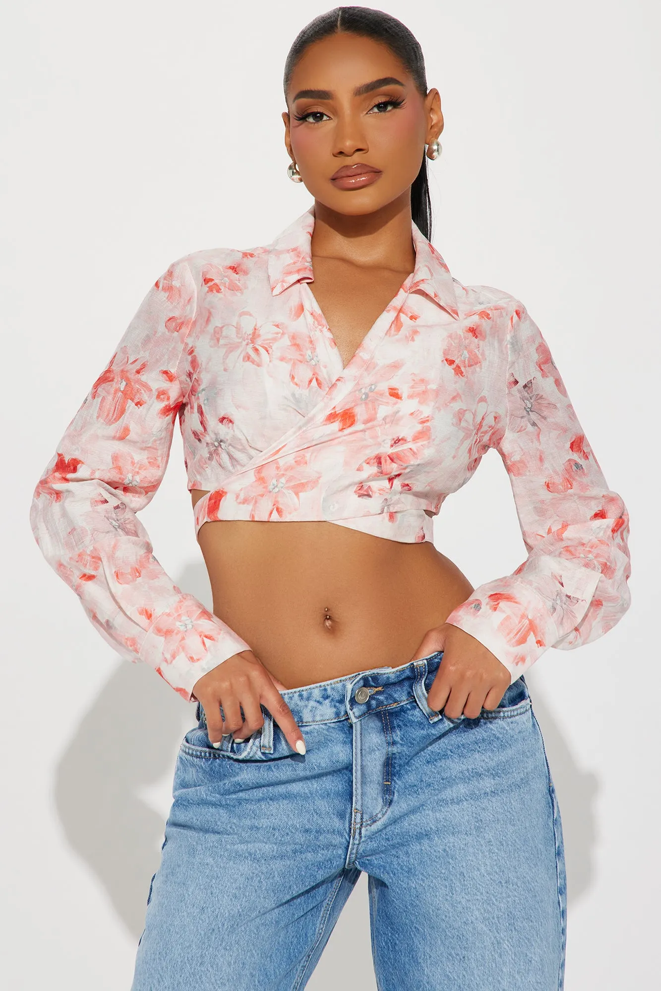 In Love Floral Linen Blouse Top - Pink/combo sold by Fashion Nova